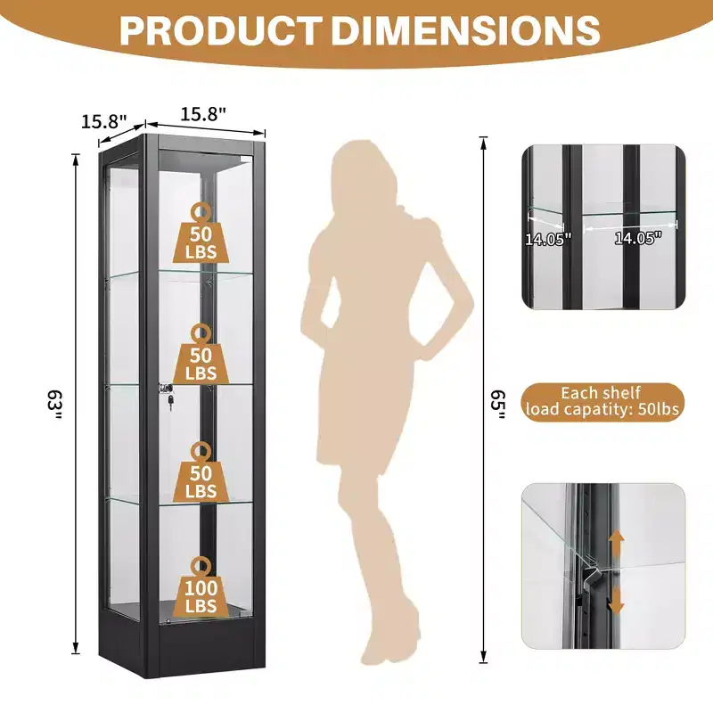 Bekrvio 4-Tier Glass Display Cabinet Case with Lock, 63 Curio Cabinet Tempered Glass Door & Adjustable Shelves