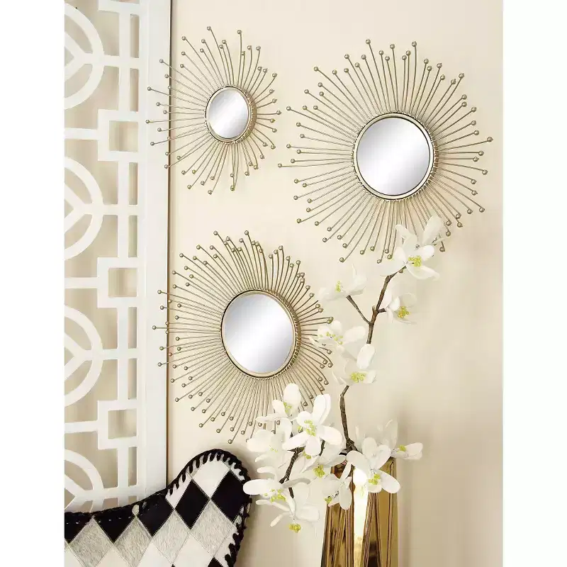 Olivia & May Metal Starburst Wall Mirror Set of 3 Gold: Iron Frame, Luxury Glam Decor, No Assembly Required