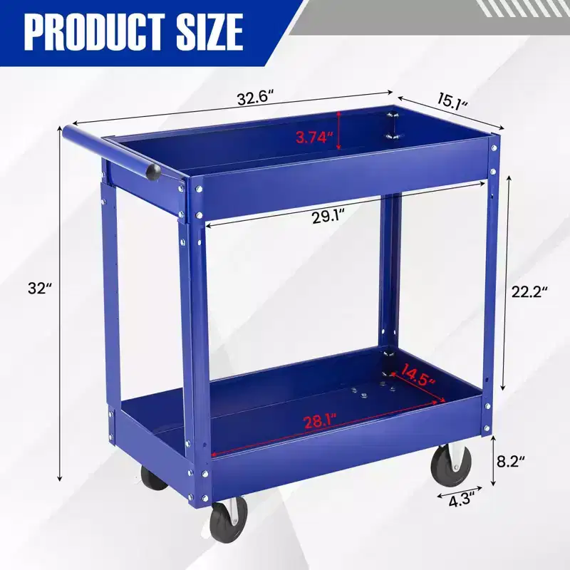 Extra Large Heavy Duty 2-Tier Utility Cart  Carbon Steel, 300 lbs Capacity, Deep Shelves, Rolling Tool Service Cart with Handle, For Garage,Workshop