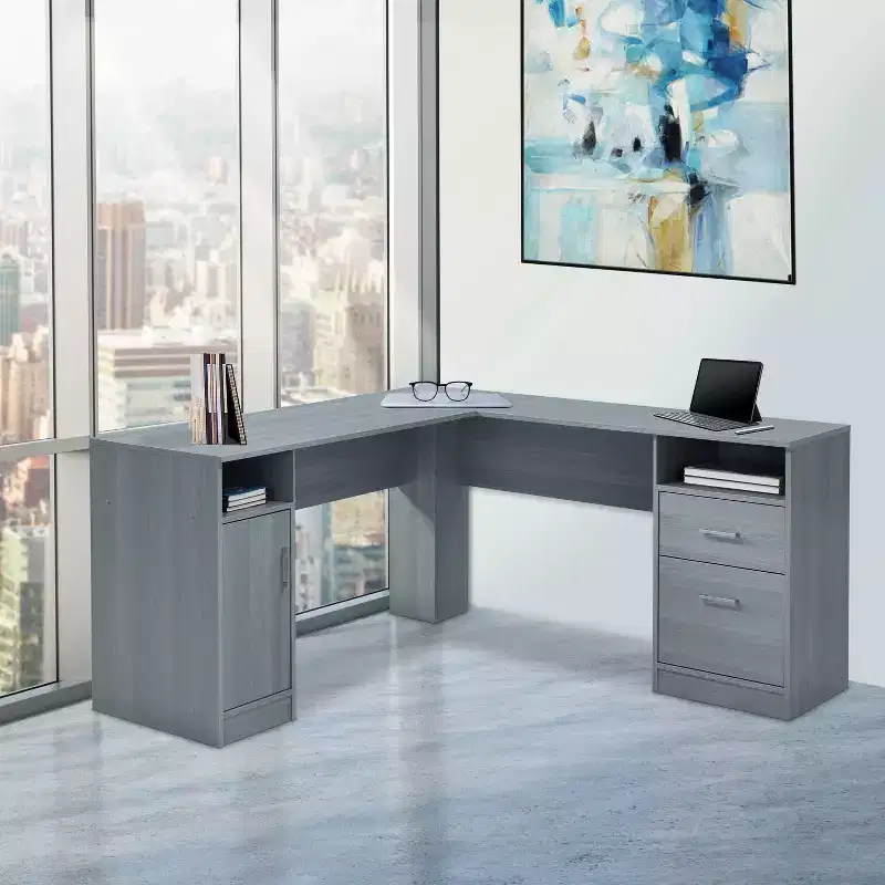 Gray L-Shaped Desk with Storage Drawers & Cabinet – 1 Person
