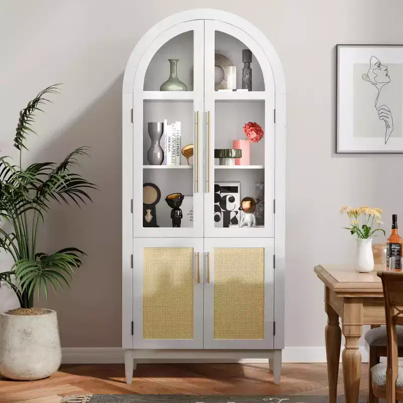 MAYEERTY 71 Tall Arched Storage Cabinet Glass Doors Solid Wood Legs White
