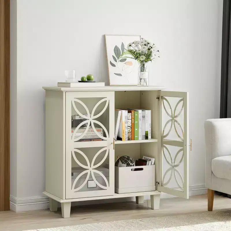 32 Cream Accent Cabinet with Glass Doors, Modern Retro Sideboard Buffet with Geometric Petal Design & Solid Wood Legs - Panipeachy