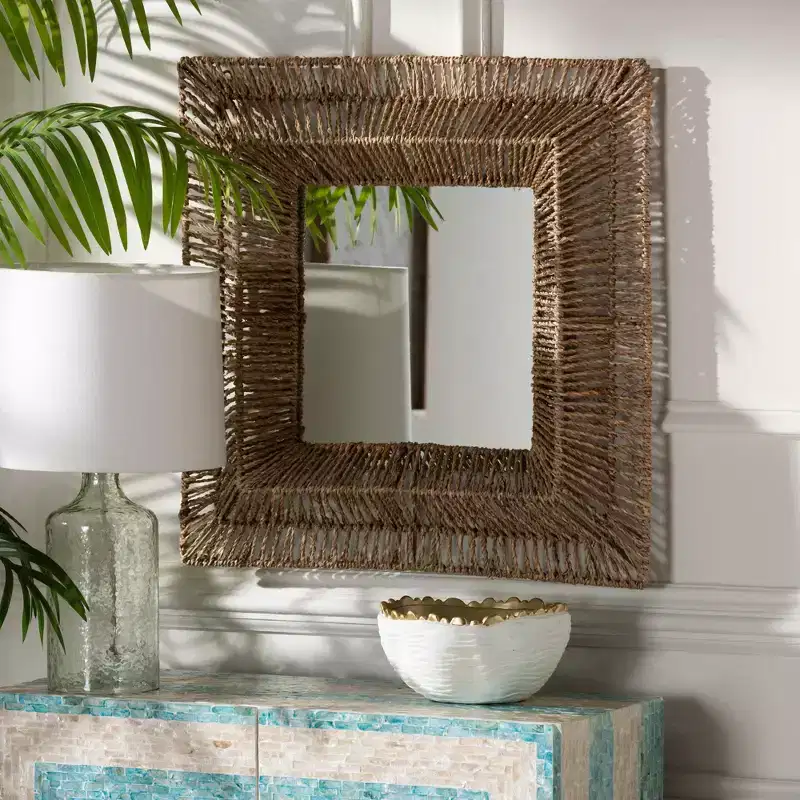 Modern Bohemian Metal and Natural Brown Seagrass Accent Wall Mirror
