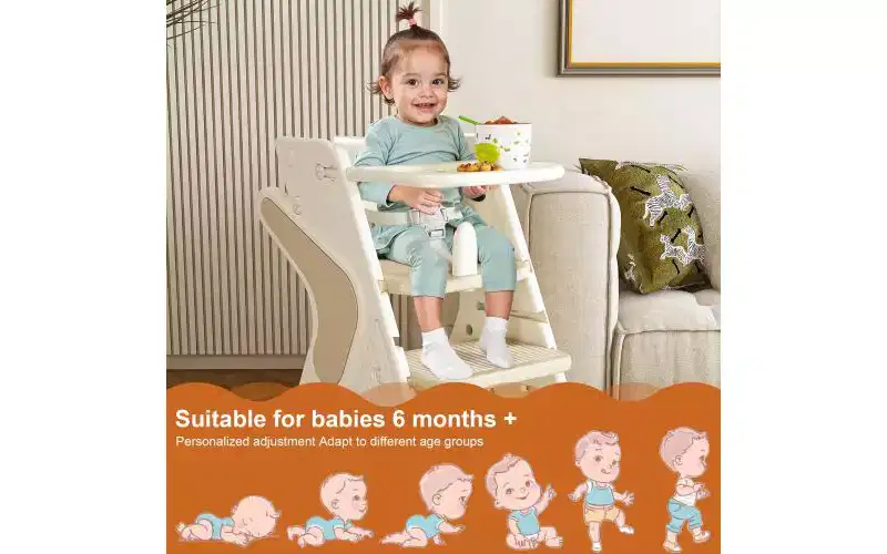 Height-Adjustable 3-in-1 Kids High Chair with 5-Point Harness & Removable Tray, White