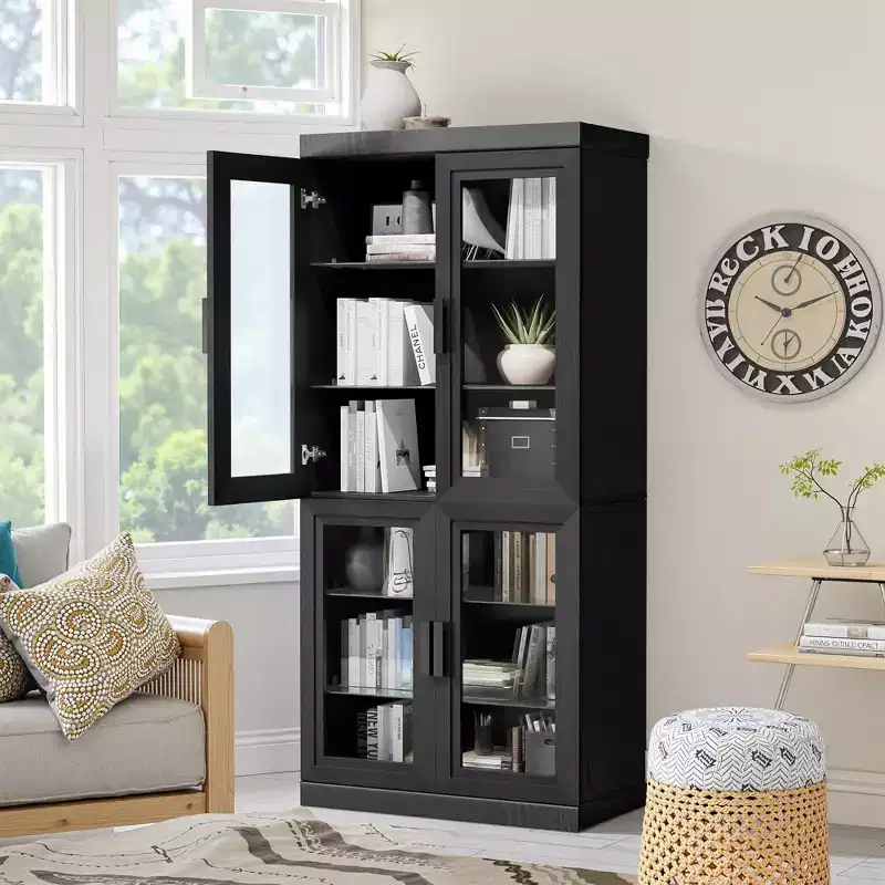 67x31x16 Wood Accent Sideboard Cabinet in Black, Storage Organizer with Adjustable Shelves and Glass Doors for Kitchen Bedroom Living/Dinning Room