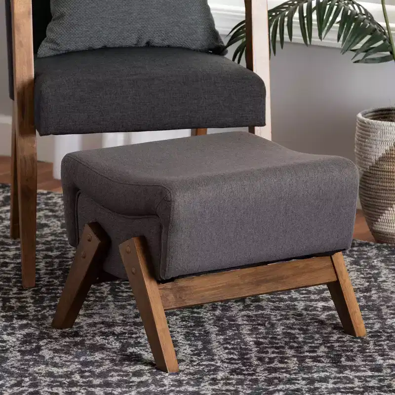 Mid-Century Modern Fabric Wood Ottoman – Bent Seat, Angled Legs, Foam Padded
