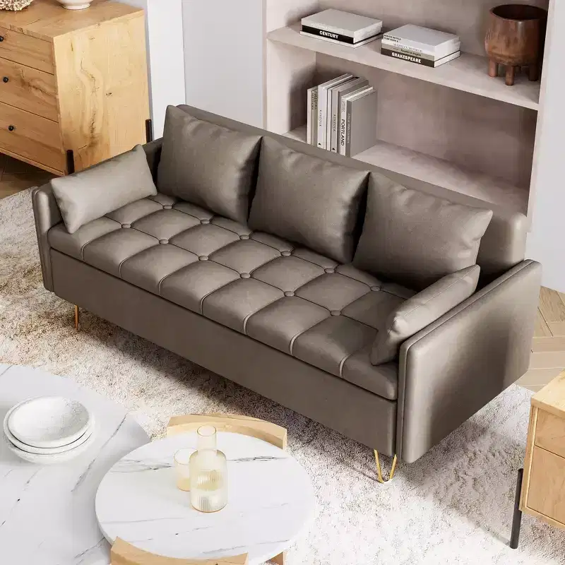63.8 Inch Modern 3-Seat Sofa Couch with Storage Under Seat Cushion, Comfy Leather Fabric Sofa with 5 Pillows, Memory Foam, for Living Room, Bedroom