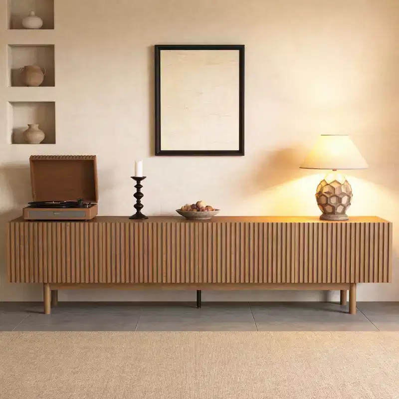 86.6 Extra Long Wood TV Stand for 90 Inch TV Slatted Media Console Entertainment Center with Removable Shelves Walnut