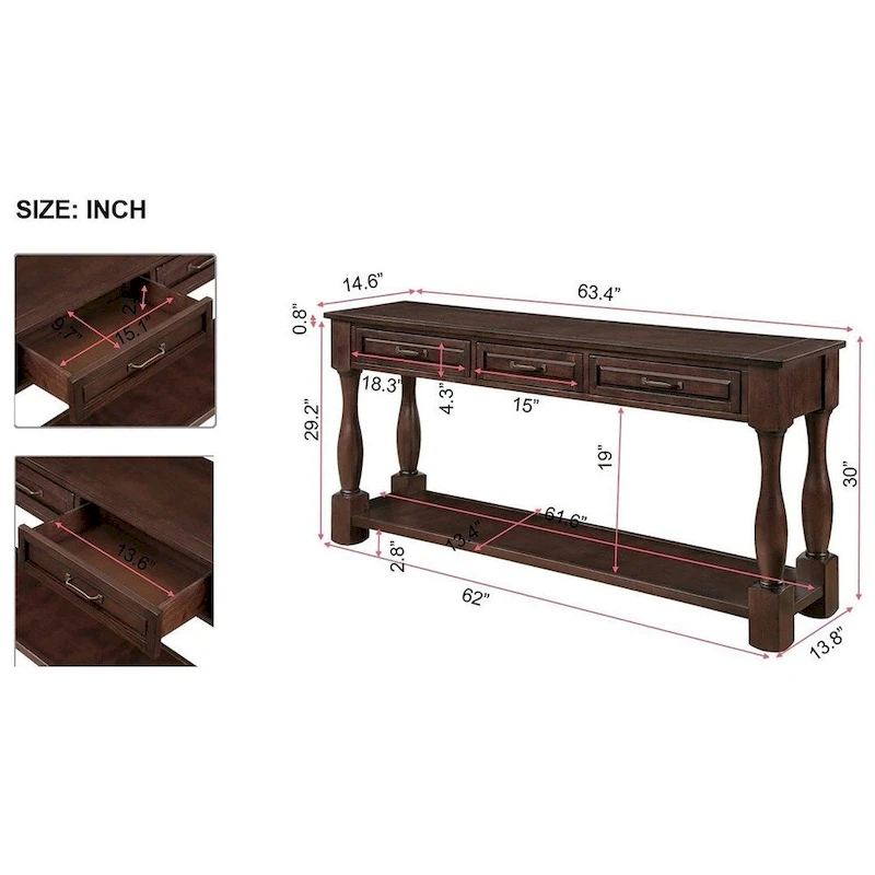 63 Solid Wood Console Table with 3 Drawers and 1 Bottom Shel