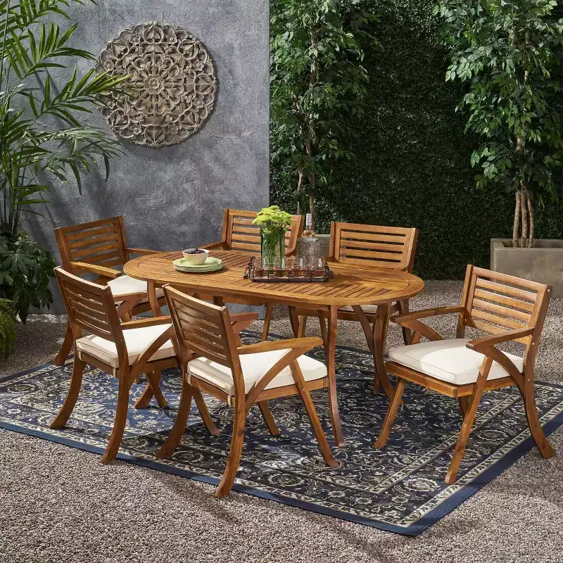 Hermosa 7pc Acacia Wood Oval Dining Set - Teak/Cream - Christopher Knight Home