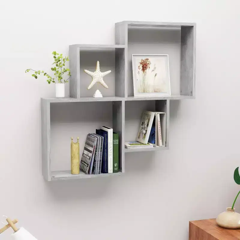 Wall Cube Shelf, Concrete Grey Engineered Wood, 4 Compartments, 88 lb, 31.5x30.9