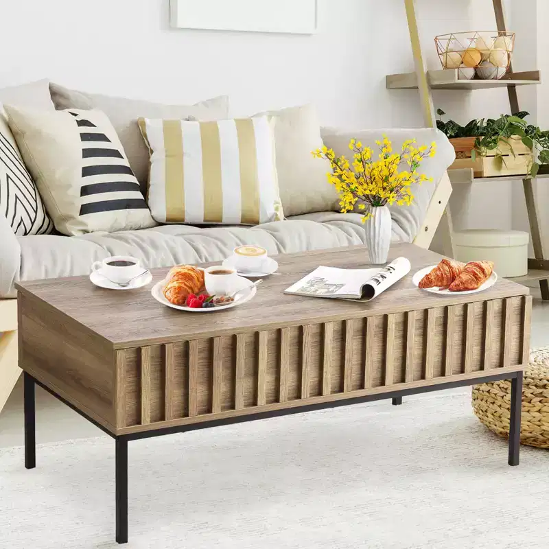 Wooden Lift Top Coffee Table with Hidden Storage Compartment, Teak Finish