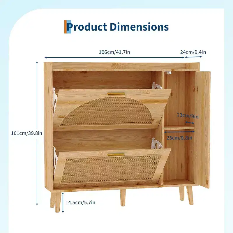 Natural Rattan Hidden Shoe Cabinet | Mirror + Adjustable Shelves, 2 Flip Drawers for Living Room, Entryway, Hallway