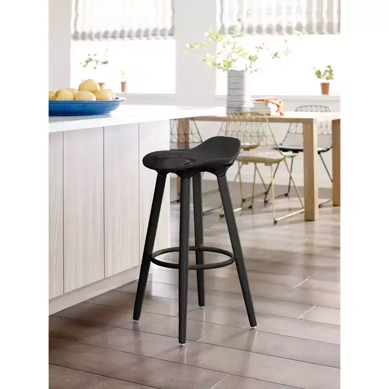 Caroline Bar Stool Noir Black - Adore Decor: Vintage-Inspired, Low Back, Wood Legs, Fixed Height