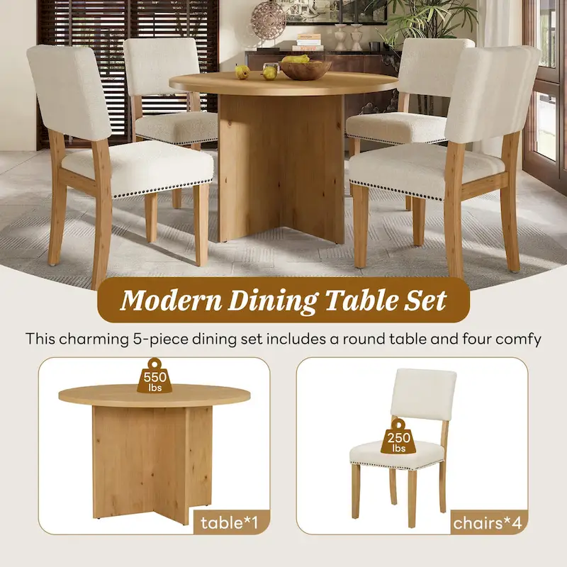 Sakin Modern 5-Piece Round Dining Table Set with Pedestal Base and Upholstered Chairs by GDFStudio