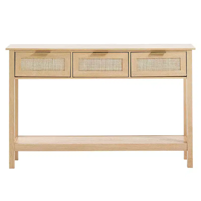 Rattan Console Table with 3 Drawers and Bottom Shelf Narrow Entryway Sofa Table 51.38 in Beige