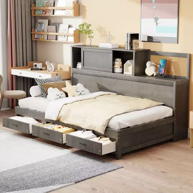 Twin Size Wooden Daybed with 3 Storage Drawers Upper Soft Board shelf and a set of Sockets and USB Ports Gray