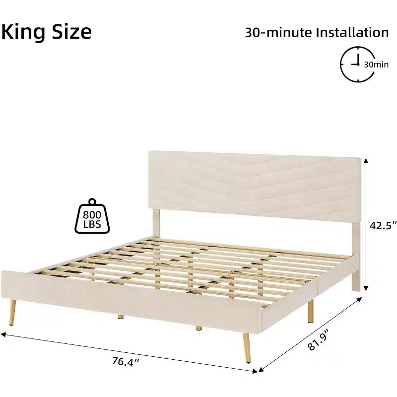 King Size Velvet Upholstered Platform Bed Frame with Adjustable Headboard, Wood Slats Support, Noise-Free, No Box Spring Needed, Beige