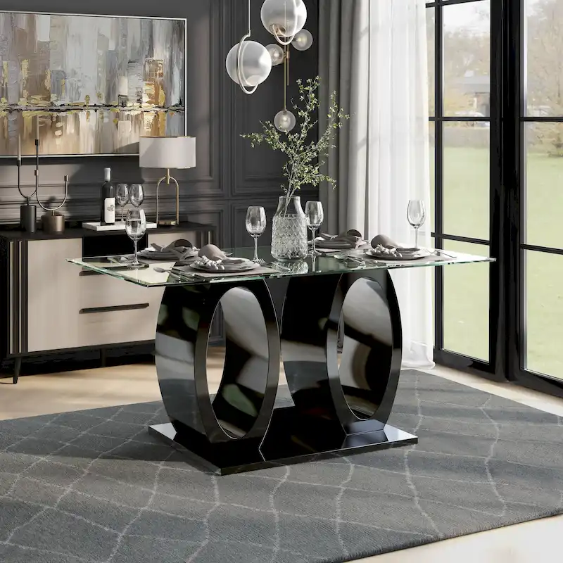 Contemporary 63-Inch Double Ring Glass Top Dining Table