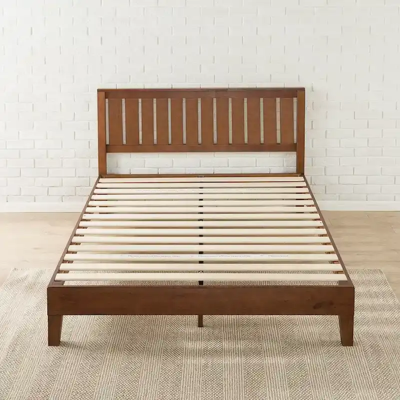 Antique Espresso Solid Pine Wood Platform Bed – Slatted Headboard, No Box Spring Needed
