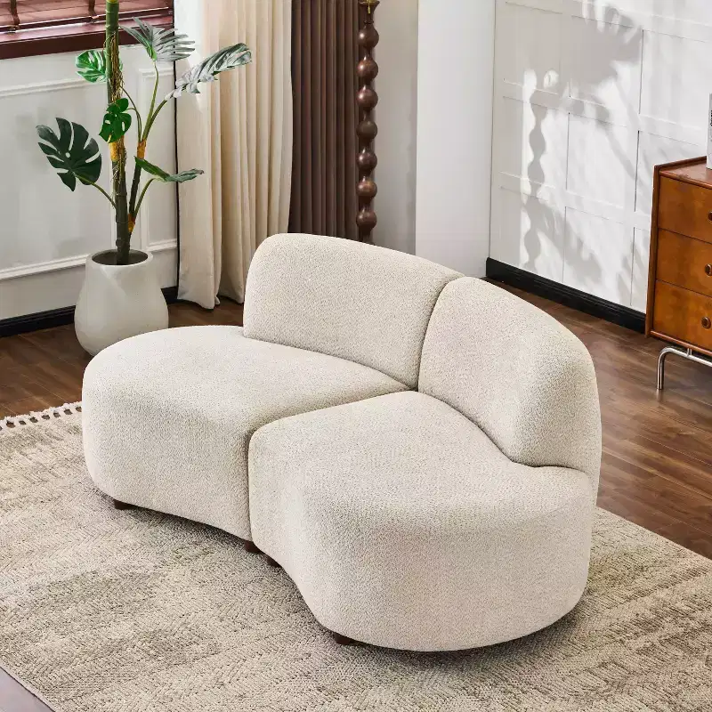 Beige Boucle Curved Sofa, Modern Style, Seats 2
