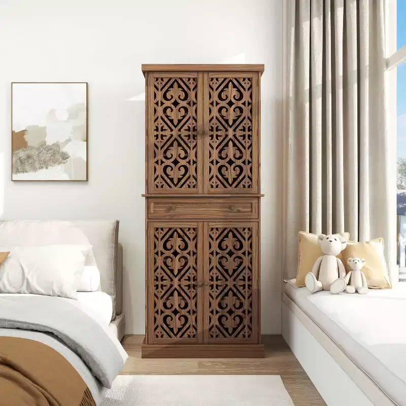 Okak Kitchen Pantry Cabinet, Tall Cabinet with 4 Adjustable Inner Shelves & 4 Doors, Versatile Cupboard for Living Room Dining Room