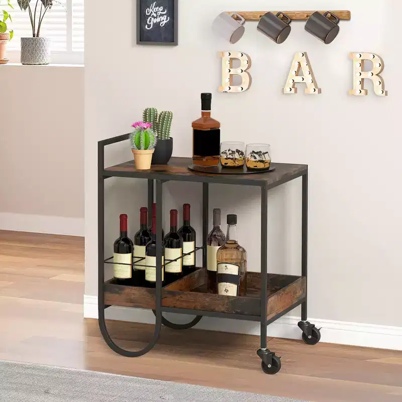 Industrial Rolling Bar Cart with Removable Wine Rack - Rustic Brown