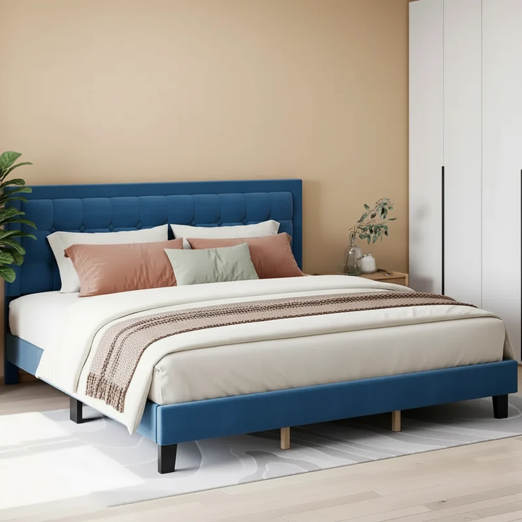 Upholstered Platform Bed Frame with Adjustable Tufted Headboard, No Box Spring Required, Blue