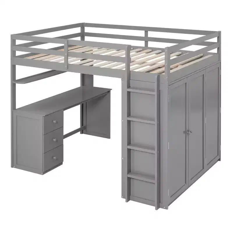 CLIHOME Full size Loft Bed with 3 Storage Drawers, Desk and Wardrobe