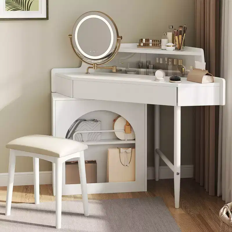 Whisen Corner Makeup Vanity Desk, Modern Vanity Set, Dressing Table with Mirror, Stool and Large Storage - White