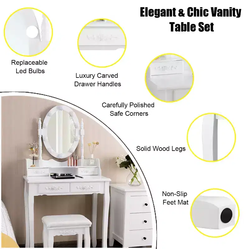 Costway Vanity Table Table 10 Dimmable Bulbs Black White Brown