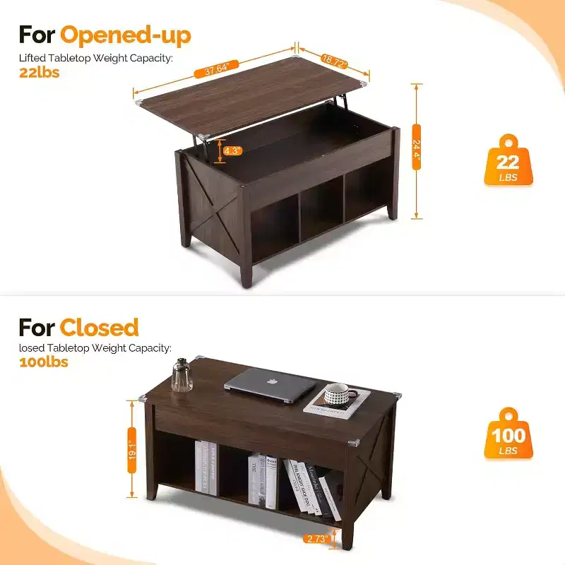 Farmhouse Lift Top Coffee Table with Storage Shelf & Hidden Compartment, Rustic Brown