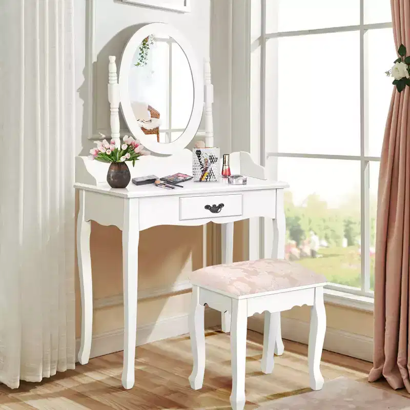 Costway Bathroom Vanity Wood Makeup Dressing Table Stool Set Jewelry Desk W/Drawer &Mirror White
