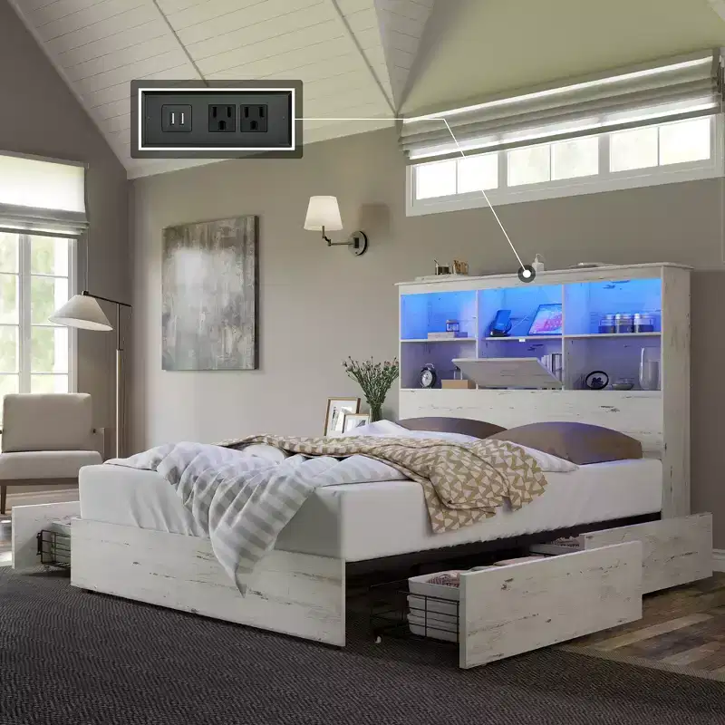 Bed Frame with LED Bookcase Headboard, Wooden Storage Bed with 4 Drawers, Charging Station
