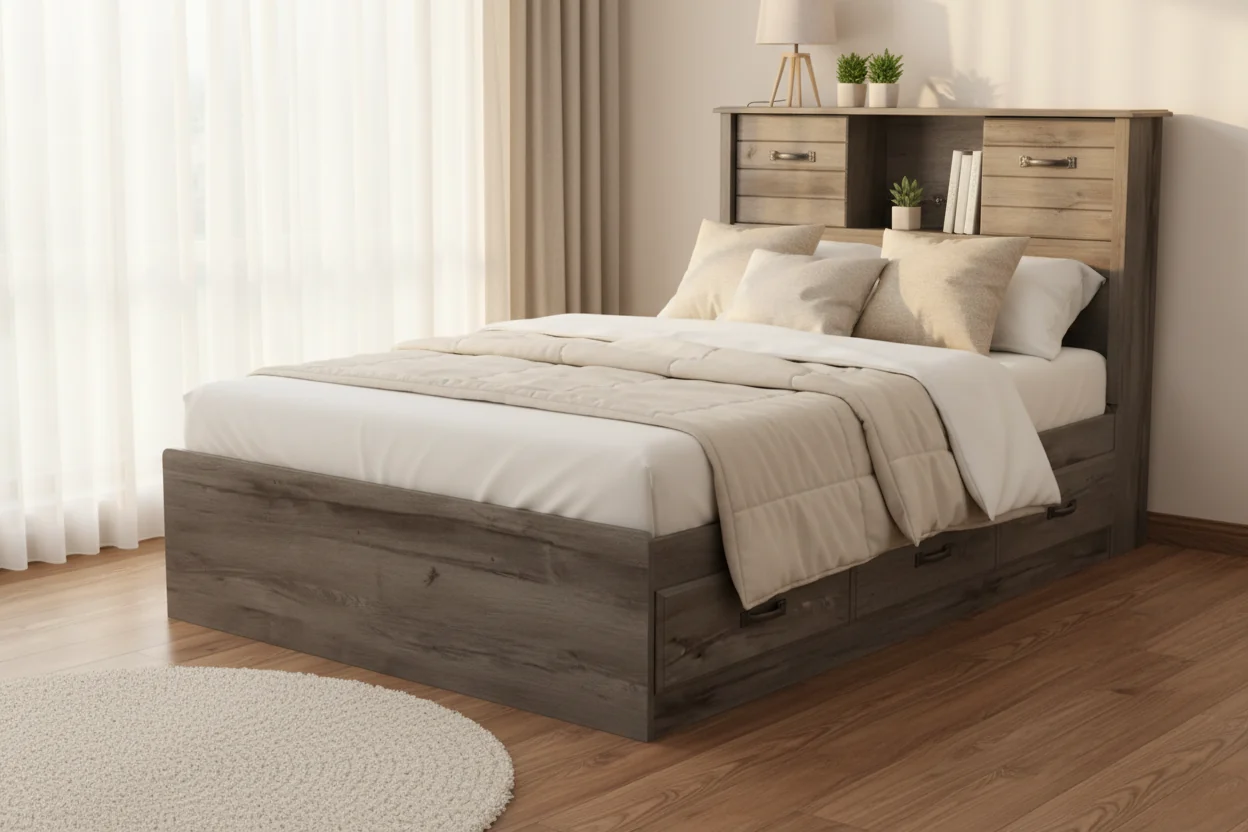 Storage Bed And Bookcase Headboard Fall Oak - Twin Bed