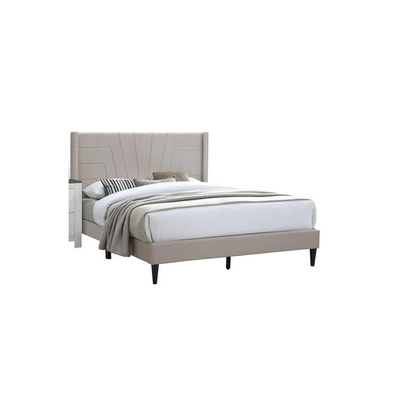 Light Brown Color 1pc Queen Size Bed Burlap Fabric Headboard Upholstered Bedroom Furniture Platform Bedframe