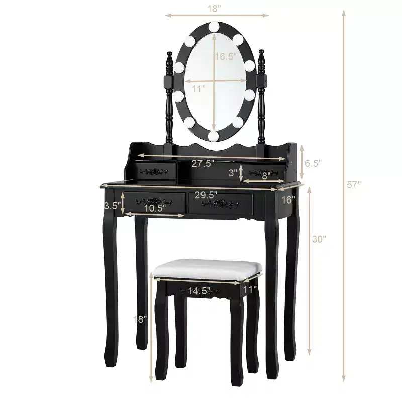 Costway Vanity Table Table 10 Dimmable Bulbs Black White Brown