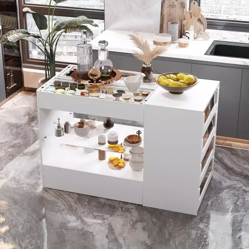 White Kitchen Island with 8 Drawers, Storage Shelves and Glass Top