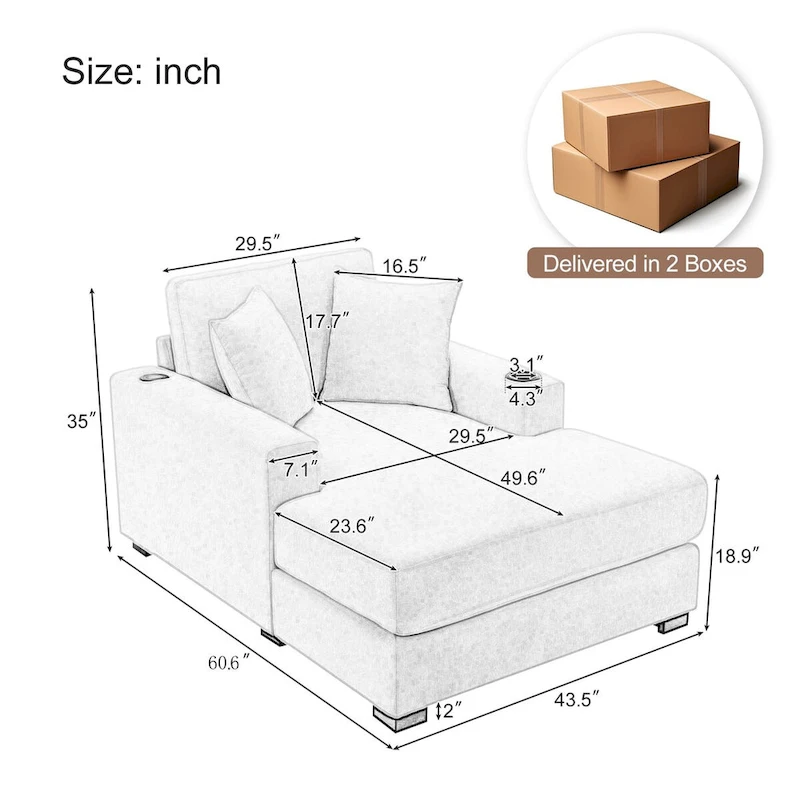 43.5 Chenille Fabric Chaise Lounger Sofa Couch with Pillows, Charge Station & Cup Holders