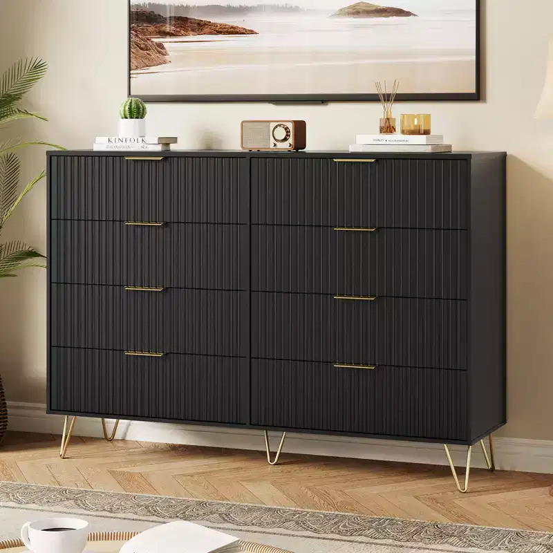 Acekool Fluted 8 Drawer Dresser for Bedroom, Wide Modern Wood Chest and TV Stand for Living Room Hallway