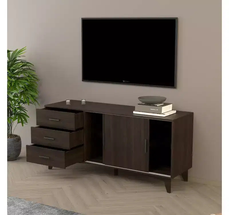 TV Stand with Sliding Doors and Drawers in Dark Brown