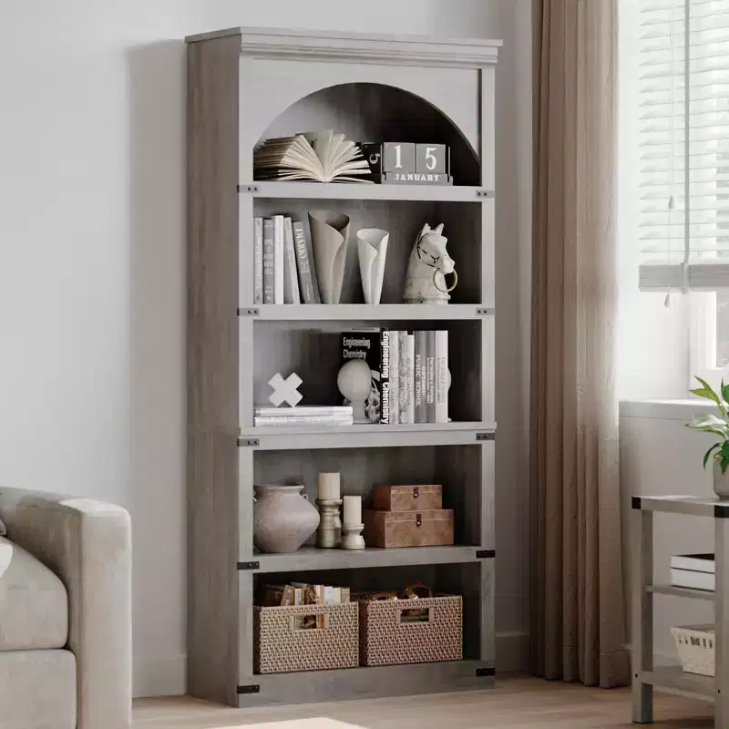 Arched Bookcase 5 Shelf Bookshelf 68.7 Tall Bookcase Farmhouse Curved Storage Rack Wooden Bookshelves for Home Office, Living Room,Wood Color