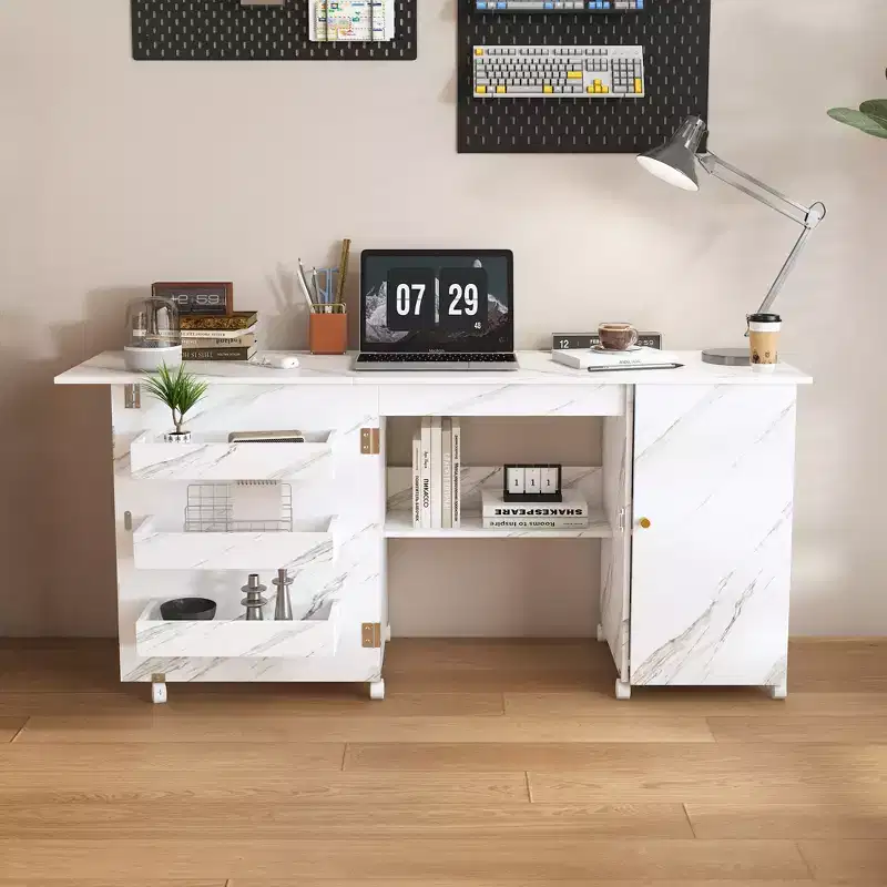 JVNOXK 57.5-inch foldable desk with locking casters, multi-tier storage workbench featuring shelves, storage bins, and cabinetry, white