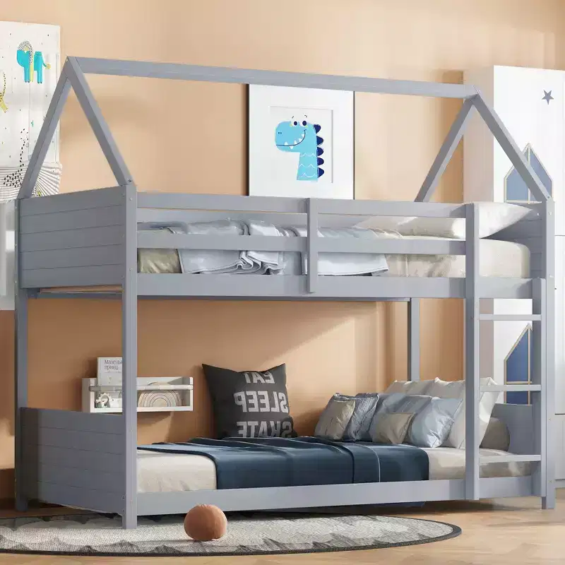 Floor Bunk Bed Twin over Twin with Headboards and Footboard for Kids Teens, Wood House Shaped Bunk Bed Frame with Guardrail and Ladder