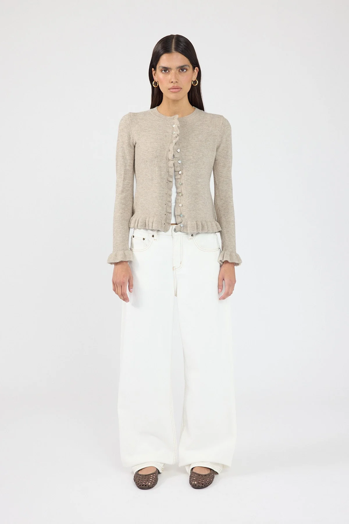 Frill Knit Cardigan Taupe