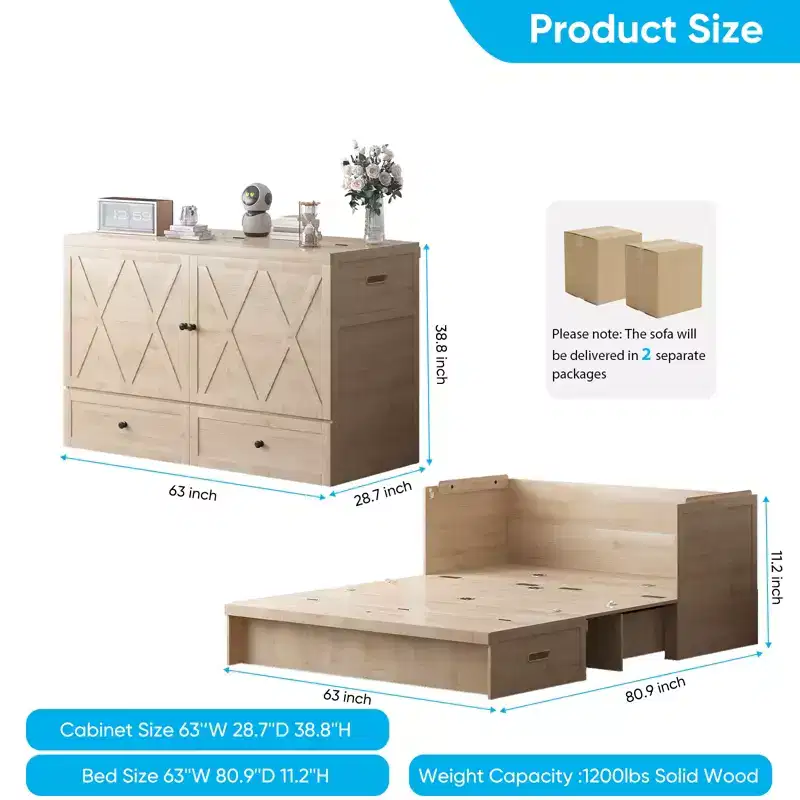 Mjkone Queen Size Murphy Bed with Charging Station & Storage Drawer,Space-Saving Design,Optional Mattress