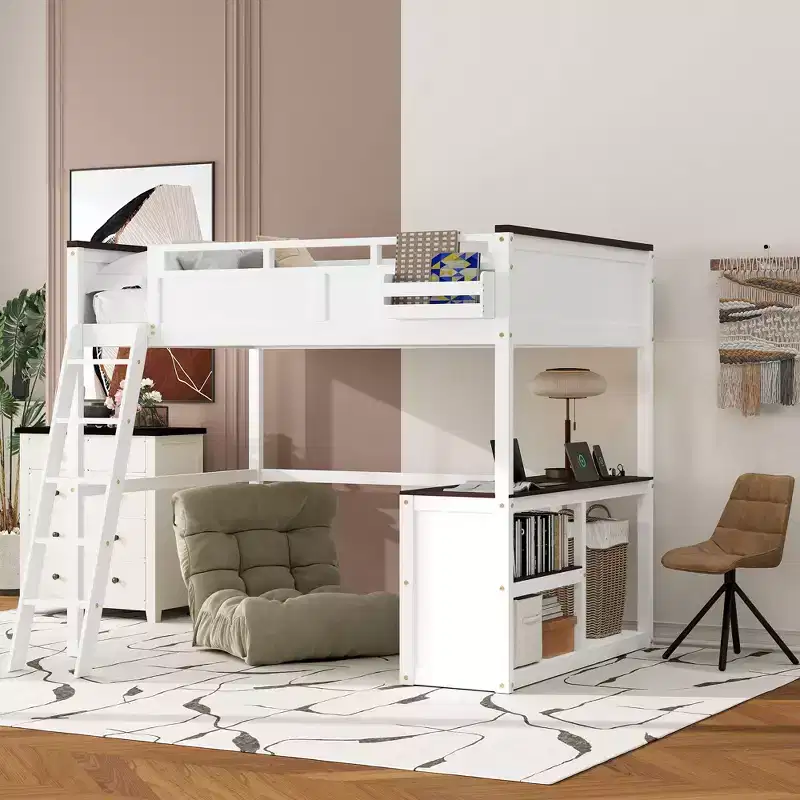 Whisen Queen Size Loft Bed with Desk,Open Shelf and a Storage Box,USB Charging Station - White