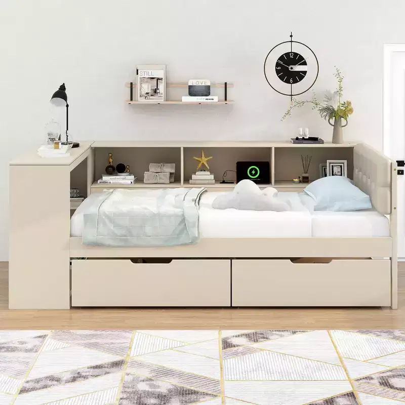 Twin/Full Size Platform Bed with Storage Shelves, Drawers, Charging Station, Upholstered Headboard & Desk – Cream/Gray