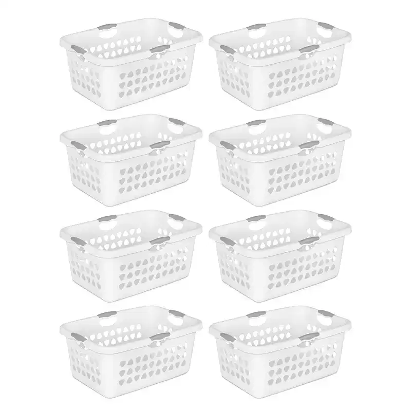White Rectangular Laundry Basket with Handles, 2-Bushel, 8-Pack
