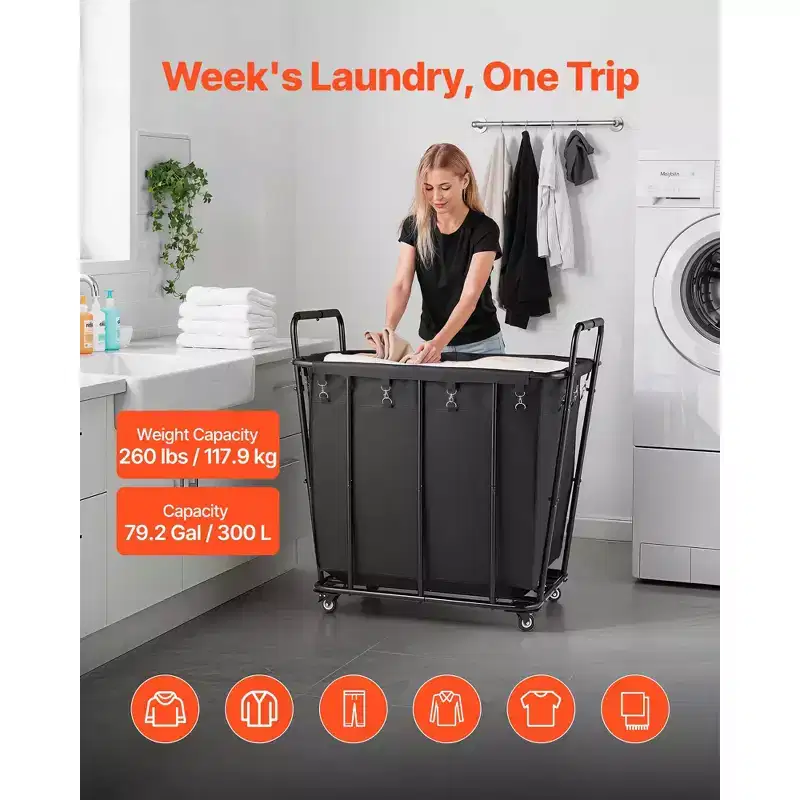 Rolling Laundry Cart with Waterproof Liner and Swivel Wheels, 260 LBS Capacity, Black